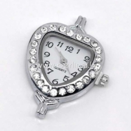 Watch face with rhinestones, heart, silver tone, 32x26 mm