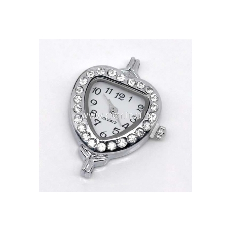 Watch face with rhinestones, heart, silver tone, 32x26 mm