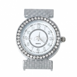 Watch face with clear rhinestones, round, silver tone, 38x31 mm