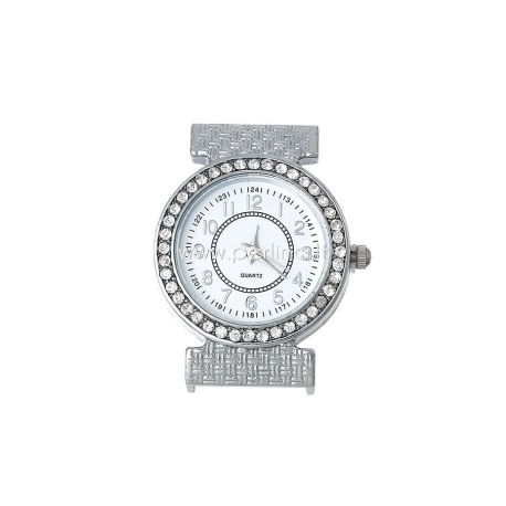 Watch face with clear rhinestones, round, silver tone, 38x31 mm