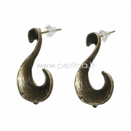 Earring post with stoppers, antique bronze, 23x13 mm, 1 pair
