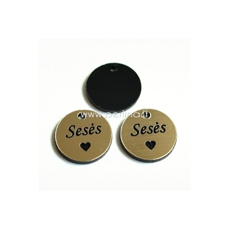 Engraved plexiglass pendant "Sisters", black/gold, 1,5x1,5 cm