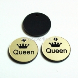 Engraved plexiglass pendant "Queen", black/gold, 1,5x1,5 cm