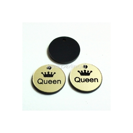 Engraved plexiglass pendant "Queen", black/gold, 1,5x1,5 cm
