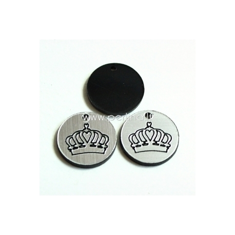 Engraved plexiglass pendant "Crown", black/silver, 1,5x1,5 cm