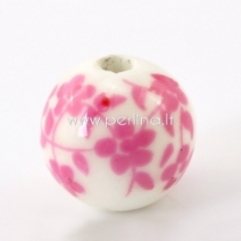 Ceramics bead with flower pattern, white, 12 mm
