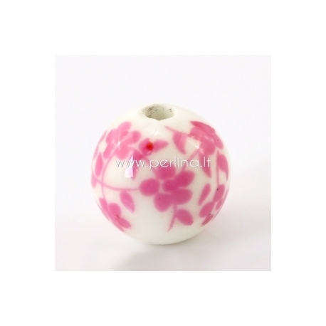 Ceramics bead with flower pattern, white, 12 mm