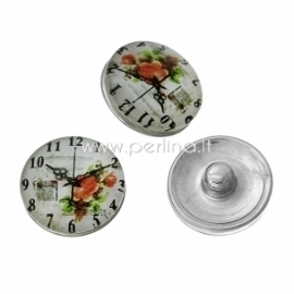 Glass snap button "Clock", silver tone, 18 mm