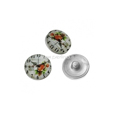 Glass snap button "Clock", silver tone, 18 mm