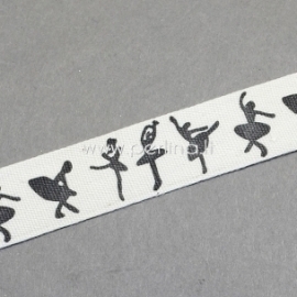 Medvilninė juostelė "Baleto šokėja", kreminė su juodos sp. raštu, 15 mm, 1 m