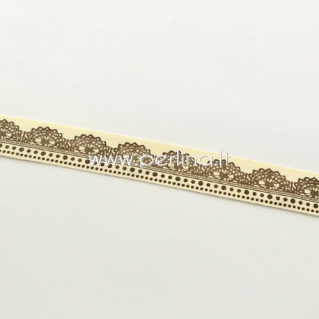 Printted cotton ribbon, cream with brown ornament, 20 mm, 1,82 m