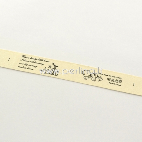 Printted cotton ribbon, cream with black ornaments, 20 mm, 1,82 m