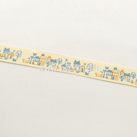 Printted cotton ribbon "House", off white, 20 mm, 1,82 m