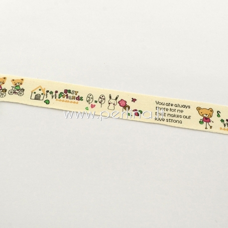 Printted cotton ribbon, off white with multicolor ornaments, 20 mm, 1,82 m