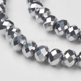 Glass bead, rondelle, faceted, electroplate silver plated, 6x4 mm, 1 pc