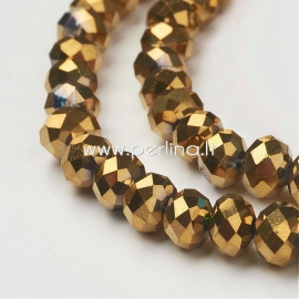Glass bead, rondelle, faceted, electroplate golden plated, 8x6 mm, 1 pc