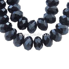 Glass bead, rondelle, faceted, black, 8x6 mm, 1 pc