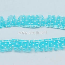 Ruffled organza ribbon, skyblue with white dots, 15r mm, 1 m