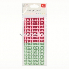 Adhesive pearls, red and green, 6mm, 372 pcs