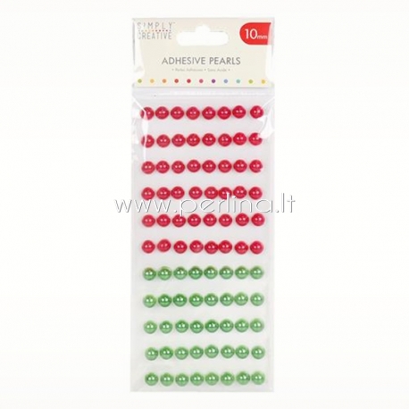 Adhesive pearls, red and green, 10mm, 88 pcs
