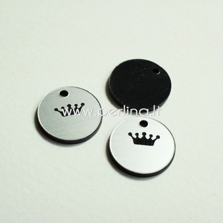 Engraved plexiglass pendant "Crown 2", black/silver, 1,5x1,5 cm