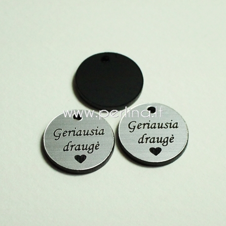 Org. stiklo pakabukas "Geriausia draugė", juodos/sidabrinės sp., 1,5x1,5 cm