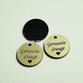 Engraved plexiglass pendant "Geriausia draugė", black/gold, 1,5x1,5 cm