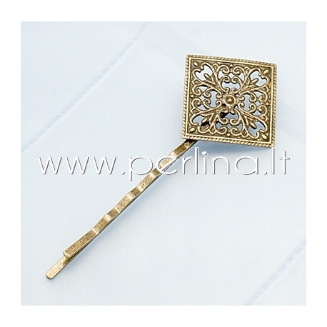 Hair bobby pin with filigree, antique bronze, 66x26.5x4.5mm