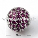 Micro pave cubic zirconia bead, platinum, 10mm, 1pcs