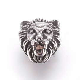 Stainless steel bead "Lion", antique silver, 11.5x10x7mm, 1pcs