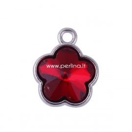 Pendant plum blossom with wine red rhinestone faceted, silver tone, 15x12 mm