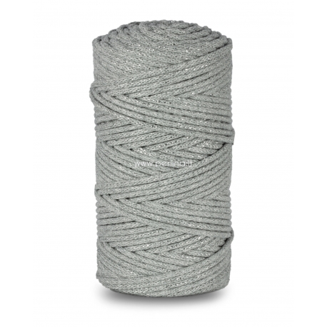 Knitted cotton cord with polyester core, grey with silver thread, 3 mm, 100 m