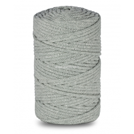 Knitted cotton cord with polyester core, grey with silver thread, 5 mm, 100 m