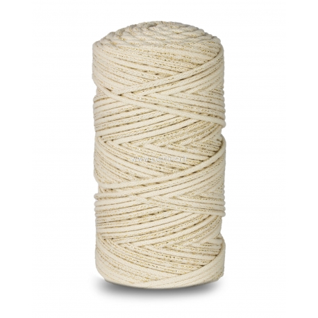 Megzta medvilninė virvė su medvilnės užpildu, dramblio kaulo su aukso blizgučiu sp., 3 mm, 100 m