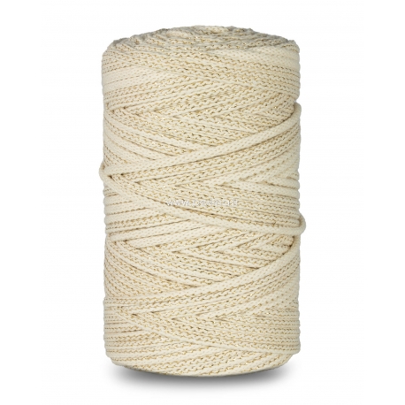 Knitted cotton cord with cotton core, ivory with gold tread, 5 mm, 100 m