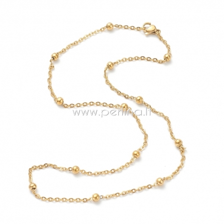 Stainless steel cable chain necklace with round beads, lobster claw clasp, golden color, 45.2 cm long