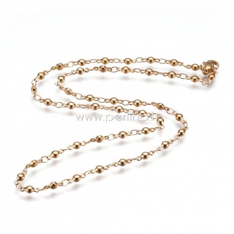 Stainless steel chain necklace flat round, lobster claw clasp, golden color, 45.5 cm long
