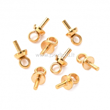 Stainless steel cup pearl peg bails pin pendants, for half drilled beads, golden color, 6x3x0.8mm, 1 pc