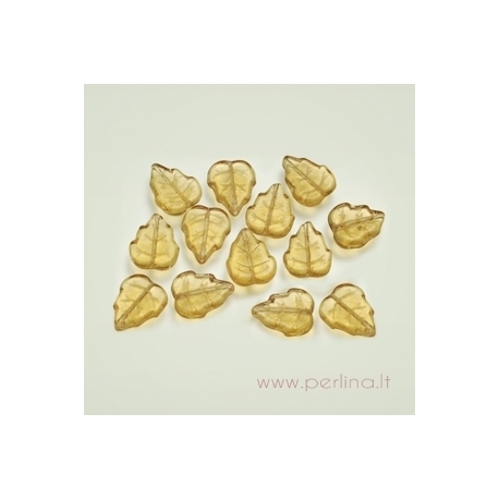 Stiklinis karoliukas - lapelis, geltonas/šv.rudas, 10x12 mm