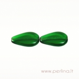 Glass bead, flat drop, green, 20x12 mm