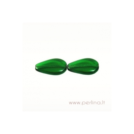 Glass bead, flat drop, green, 20x12 mm