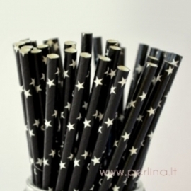 Paper straws, black, white stars, 25 pcs