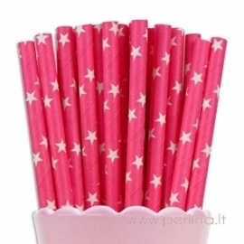 Paper straws, hot pink, white stars, 25 pcs