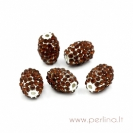 Silver plated bead with brown rhinestones, 15x11 mm