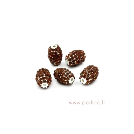 Silver plated bead with brown rhinestones, 15x11 mm