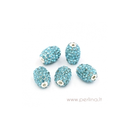 Silver plated bead with blue rhinestones, 15x11 mm