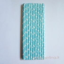 Paper straws, lake blue, white hearts, 25 pcs