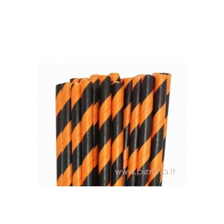 Paper straws, striped, orange & black, 25 pcs