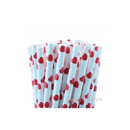 Paper straws, hearts, red & white, 25 pcs