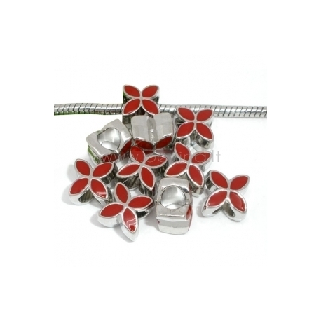 Pandora karoliukas "Keturlapė gėlė", emaliuotas, raudonas, 13x10 mm